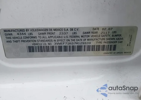 2007 Volkswagen Jetta Wolfsburg Edition из США, поврежденный, VIN 3VWEF71K07M129339